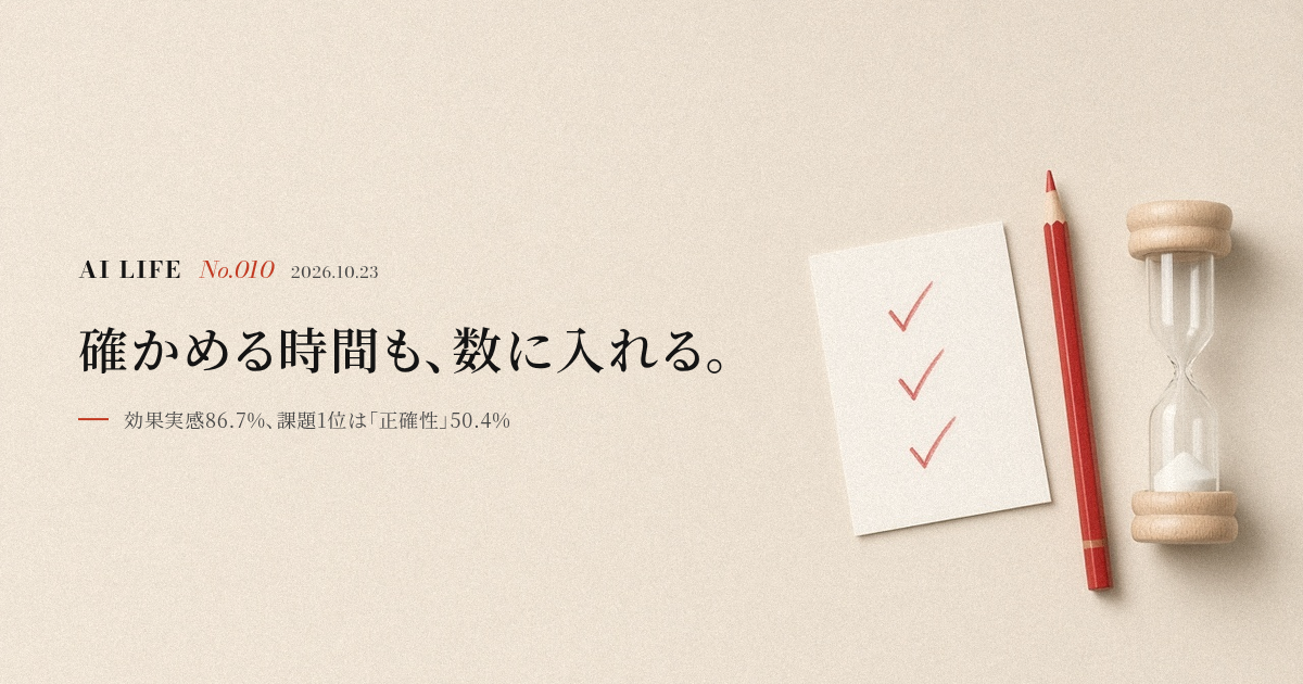 白い紙に朱のチェック印、朱の鉛筆と砂時計。見出し『確かめる時間も、数に入れる。』
